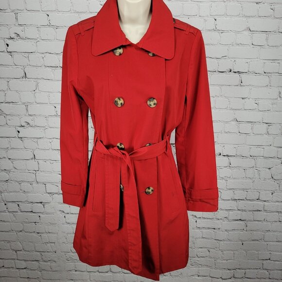 London Fog Red Double Breasted Buttoned Belted Lightweight Rain Coat Small S - Picture 1 of 16